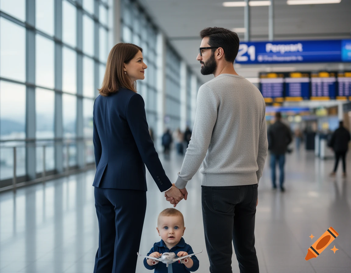 A man with a beard and glasses and a woman in a suit hold hands in an airport, with a baby boy in front holding a toy plane.