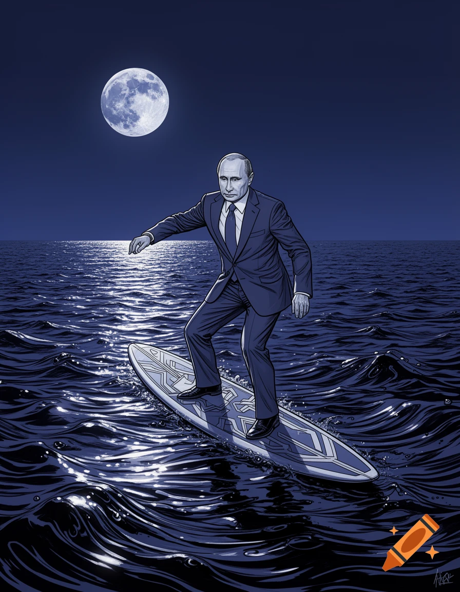 Vladimir Putin surfs on a surfboard across a moonlit ocean at night, depicted in a line art illustration style.