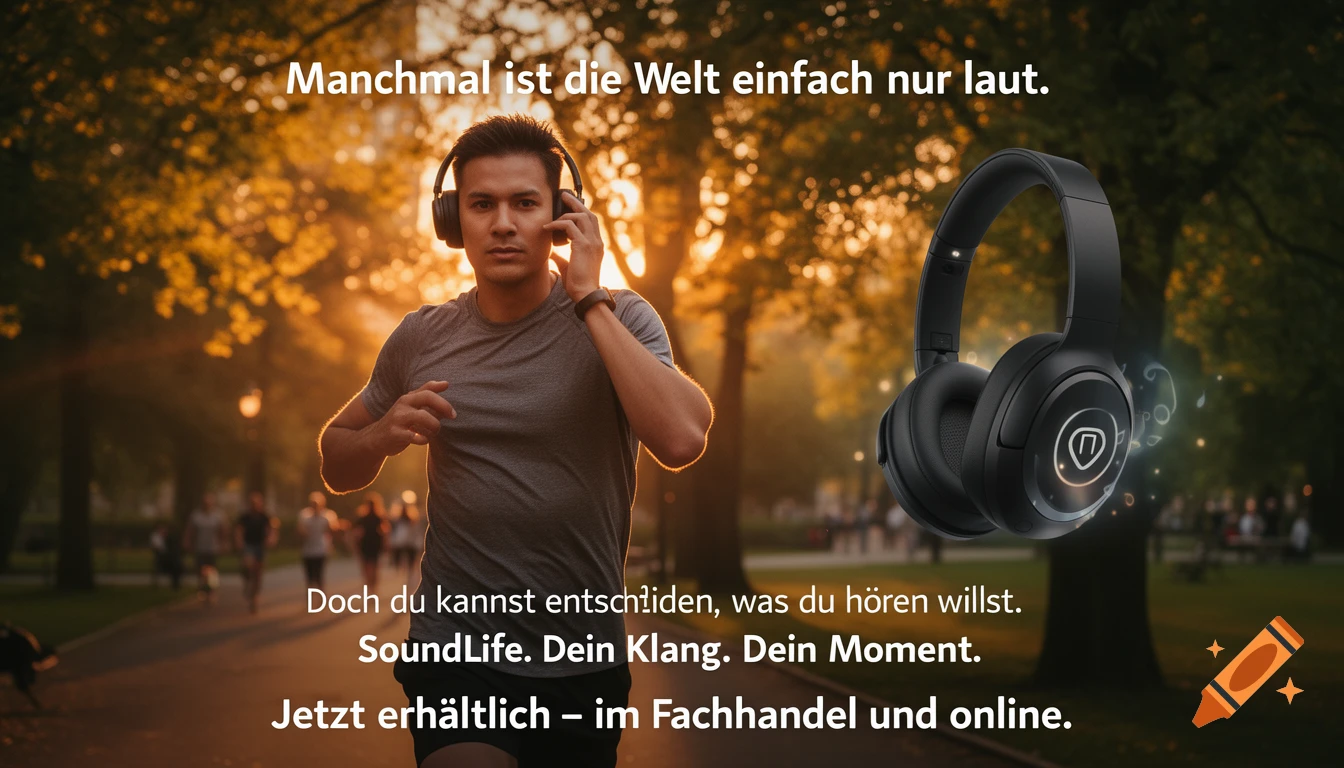 A man jogging in a park at sunset, wearing black headphones, with promotional text for 'SoundLife' headphones.