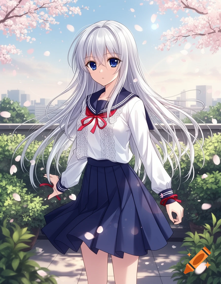 An anime girl with long silver hair and blue eyes, wearing a white sailor uniform and a dark blue skirt, stands under pink cherry blossoms with falling petals.
