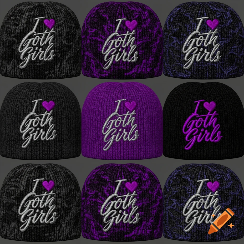 A grid of nine beanies, some black, some purple, some textured, all embroidered with 'I Goth Girls' and a heart.