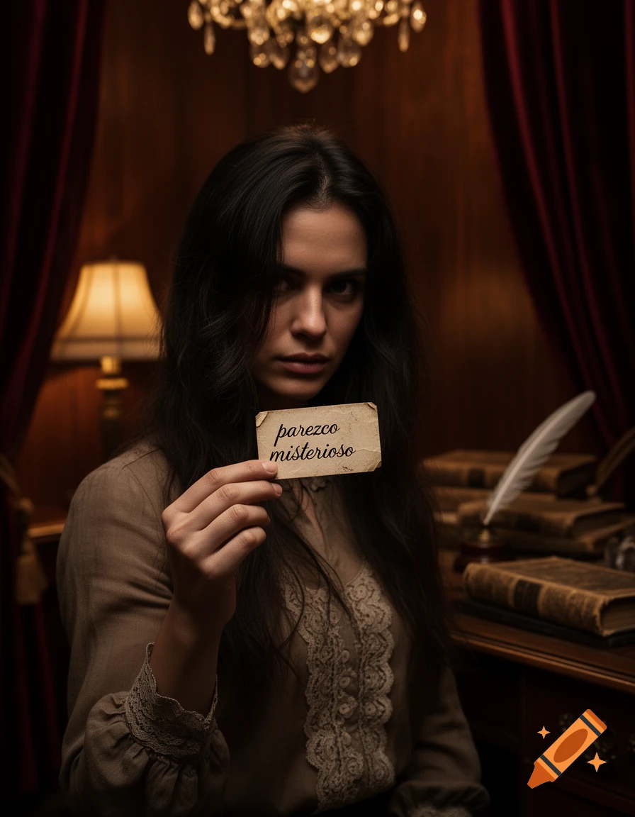 A woman in a historical dress holds a note reading 'parezco misterioso' in a dim, ornate room. Photorealistic.