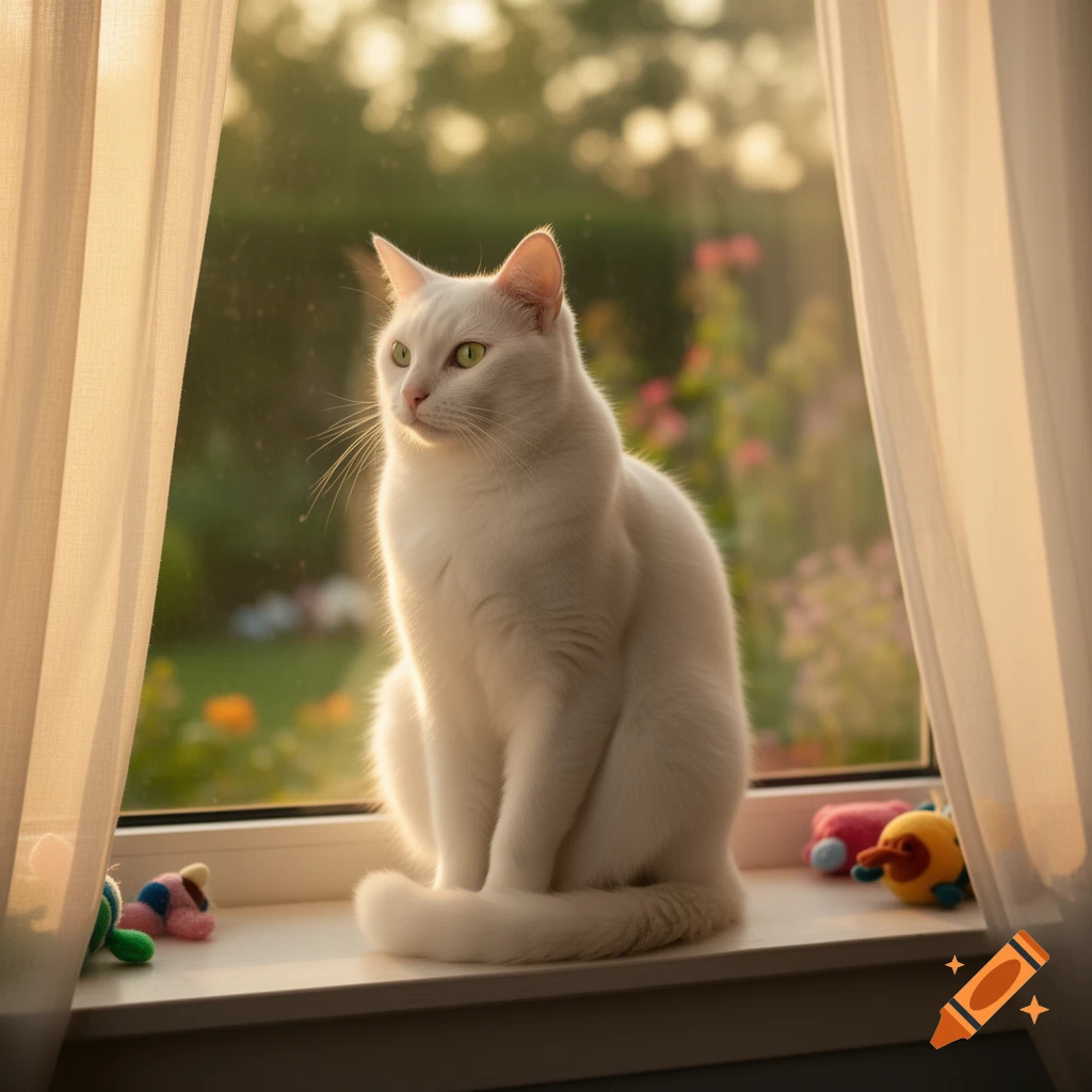 A white cat sits on a sunlit windowsill, gazing out into a blurred garden with curtains framing the window.