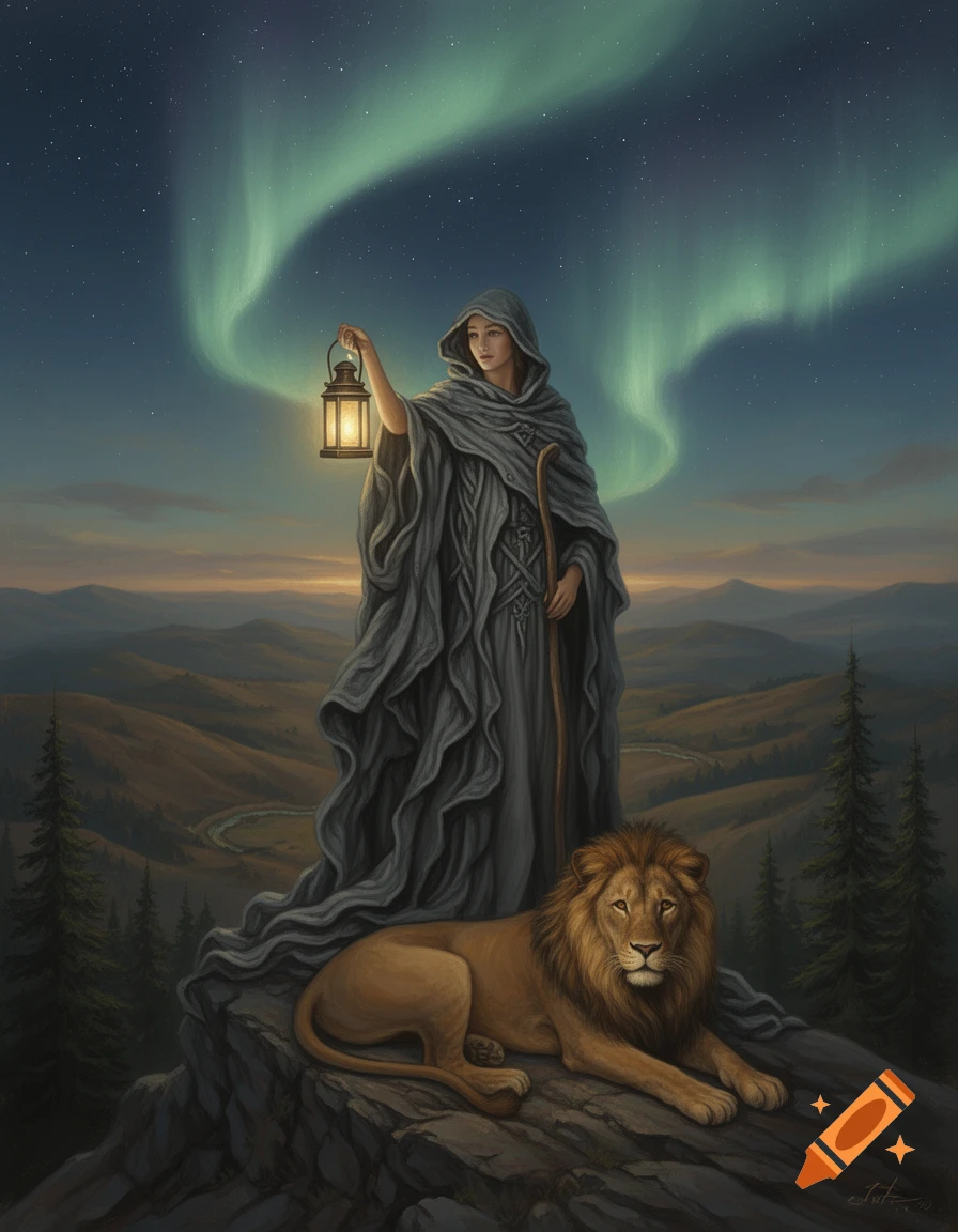 A robed figure holding a lantern stands on a rocky outcrop with a lion beside her, beneath the aurora borealis and a starry night sky.