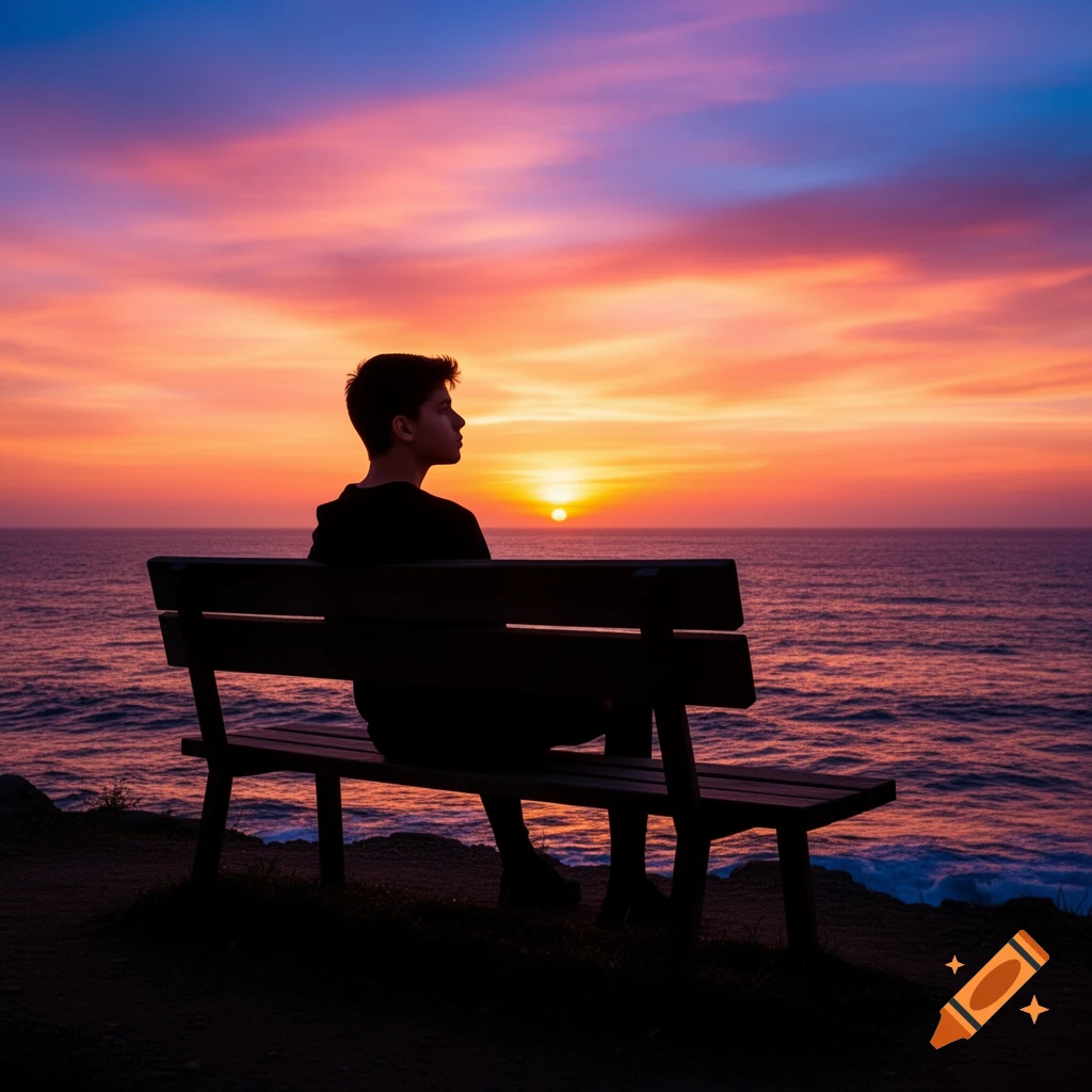 Silhouetted teenage guy on a bench watching a vibrant orange and purple sunset over the ocean.