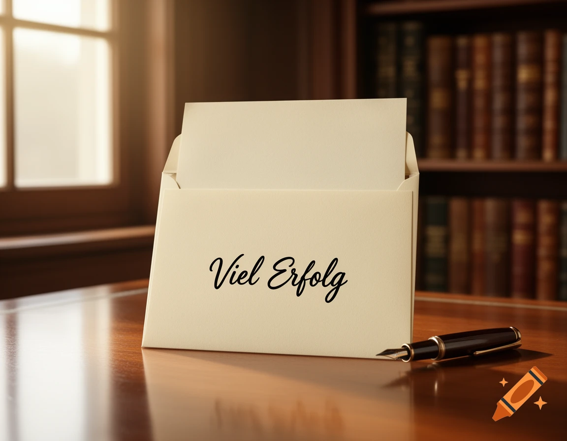 An envelope with 'Viel Erfolg' written on it, and a fountain pen on a polished wooden desk, with a window and bookshelf in the background.