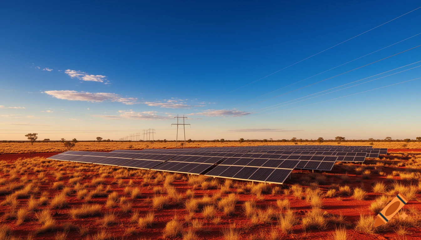 Photorealistic view of a solar panel array and power lines across a vast Australian outback landscape with red earth, dry golden grass, and blue sky.