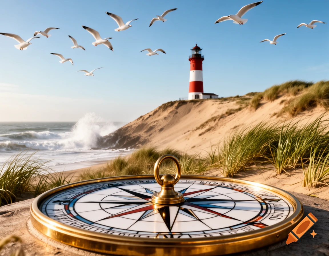 Photorealistic coastal scene with a red and white lighthouse on a dune, seagulls flying, waves, and a compass in the foreground.