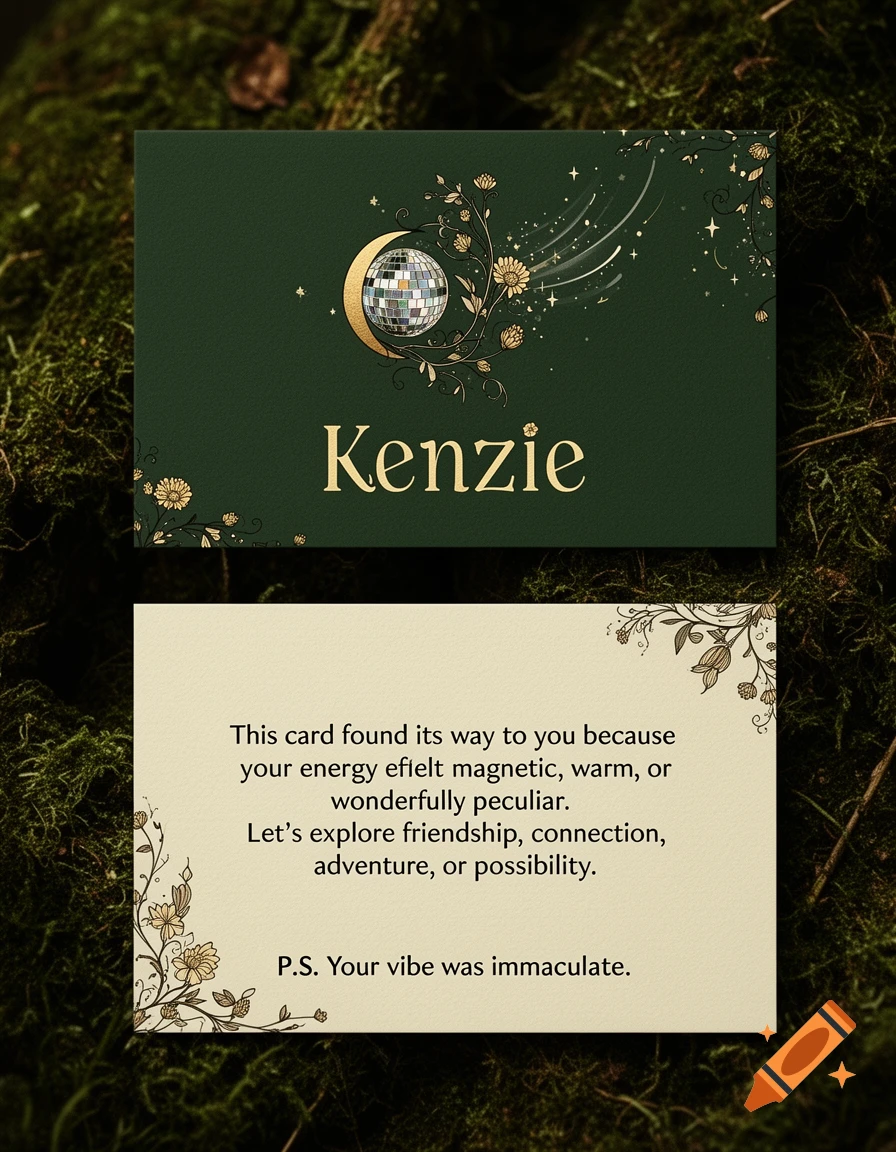 Two cards on moss. The top card is forest green with a golden disco ball in a crescent moon, vines, stars, and the name "Kenzie." The bottom card is cream with poetic text and floral accents.