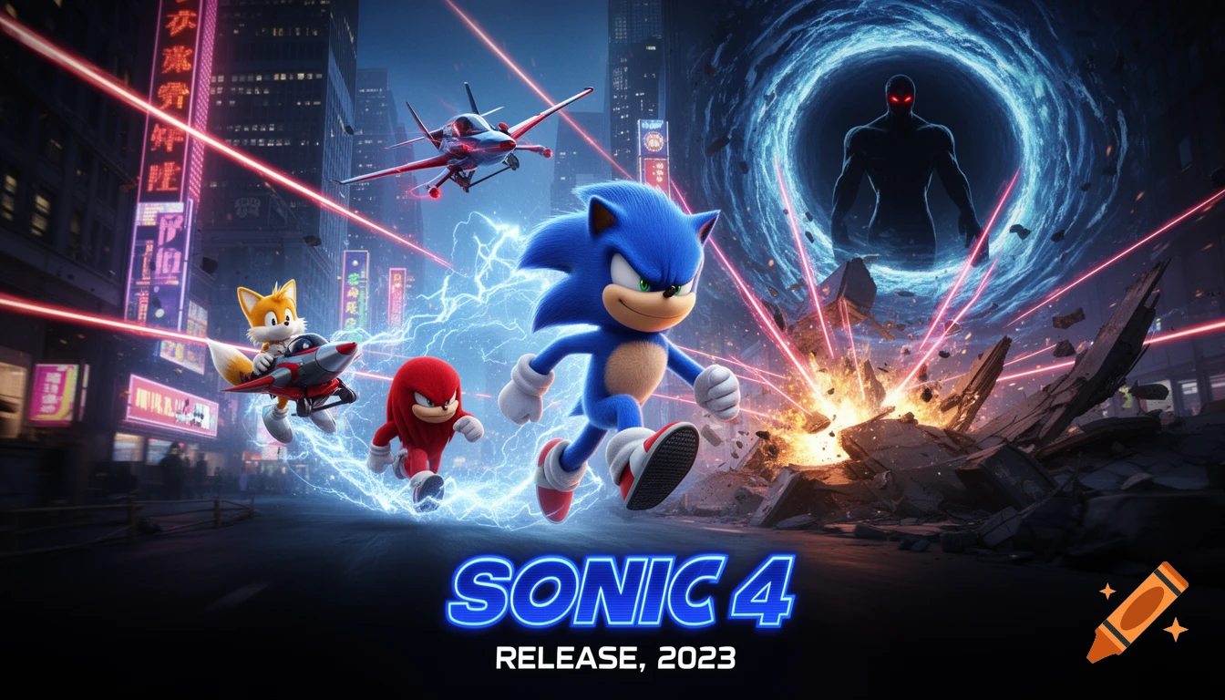Cinematic movie poster featuring Sonic, Tails, and Knuckles in a futuristic city with explosions, a shadowy villain, and the title 'SONIC 4 RELEASE, 2023'.