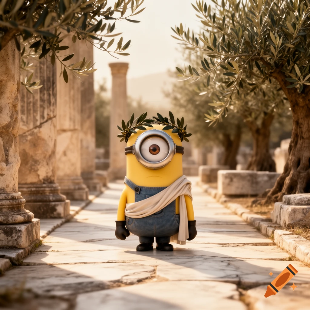A minion in a toga and olive wreath stands on a stone path among ancient Greek ruins and olive trees, bathed in warm sunlight.