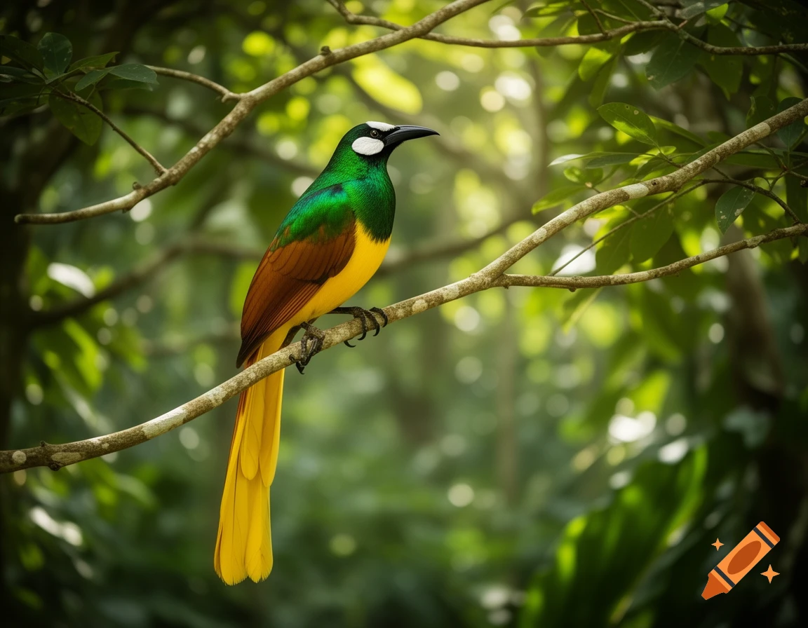 A vibrant Oropendola bird with green, brown, and yellow feathers perches on a branch in a sunlit tropical forest.