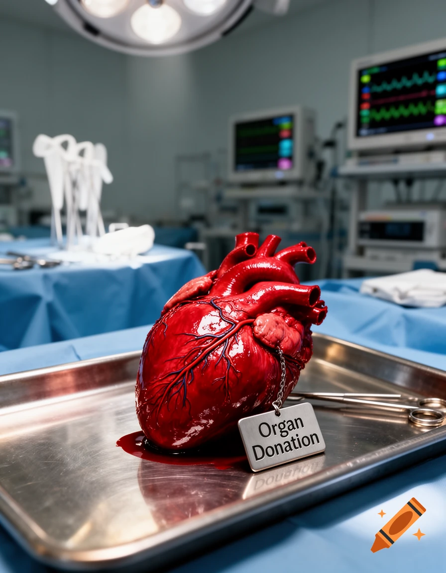 A realistic human heart with an "Organ Donation" tag rests on a sterile metal tray in an operating room, photorealistic.