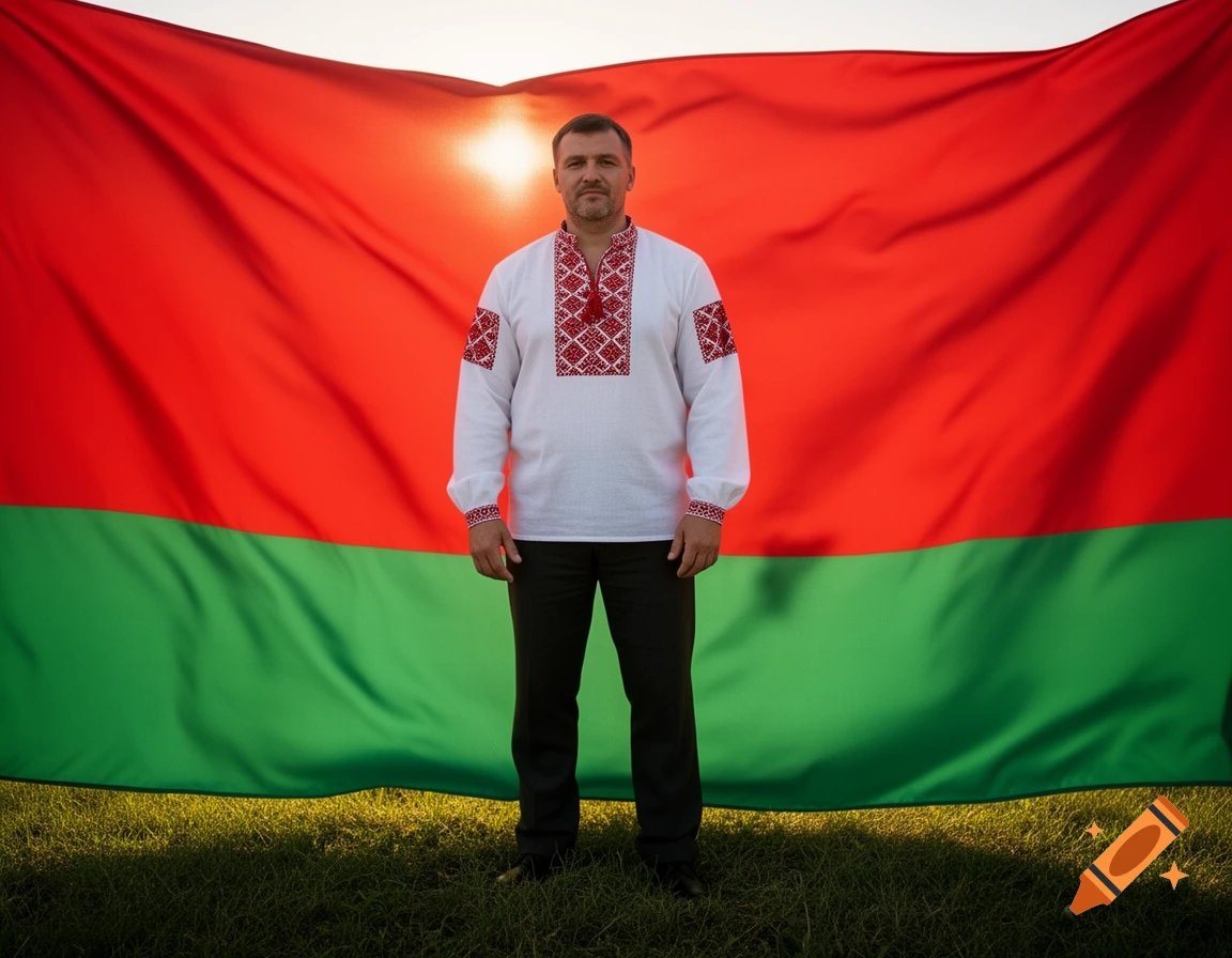 A man in a traditional white embroidered shirt stands against a large red and green flag under sunlight.