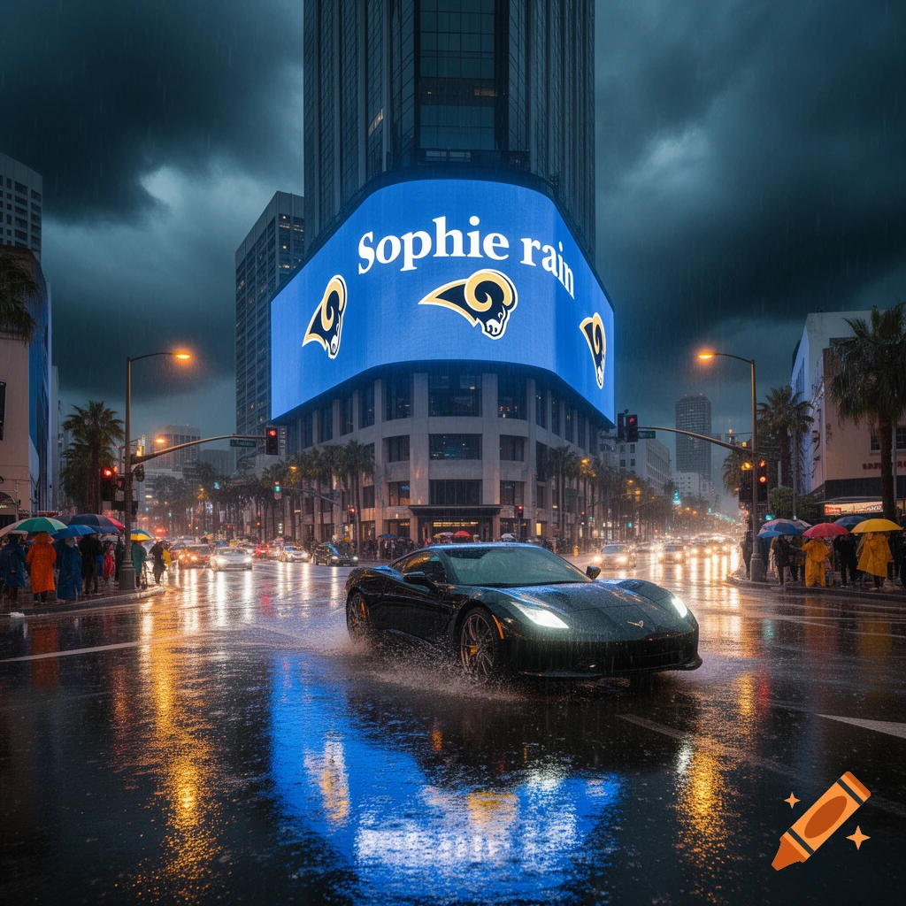 A black sports car drives through a rainy city street at night, splashing water. A large blue billboard above displays "Sophie rain" and LA Rams logos. Lights reflect on the wet pavement.