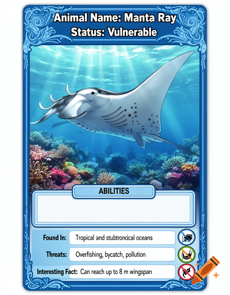 A Pokémon-style trading card for a Manta Ray, showing it swimming above a coral reef, with text about its status and facts.