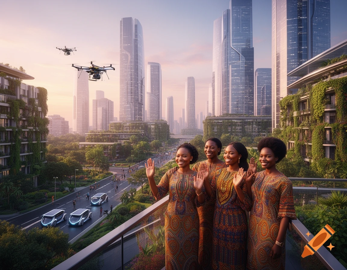 Four smiling women in patterned dresses wave from a balcony overlooking a lush, futuristic city with tall buildings, drones, and sleek cars.