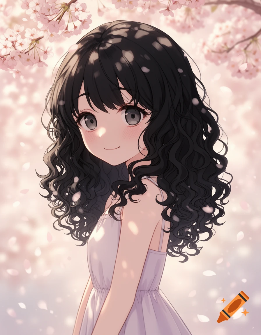 Anime girl with curly black hair and a shy smile, wearing a white dress under pink cherry blossoms with falling petals.