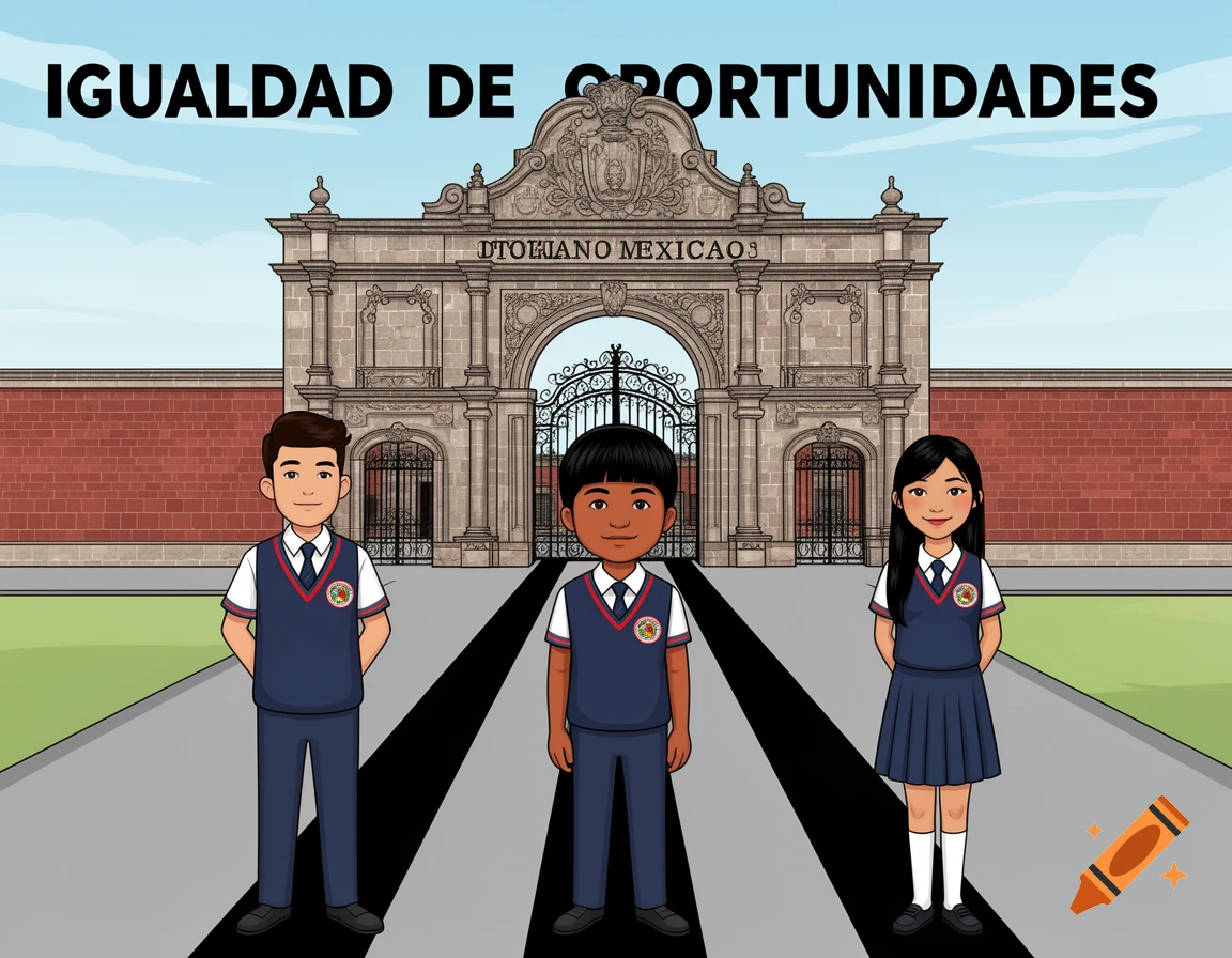 Illustration of three students in school uniforms standing in front of a grand school building with a gate. Large text "IGUALDAD DE OPORTUNIDADES" is above the building. Three diverging black paths are in front of the students.