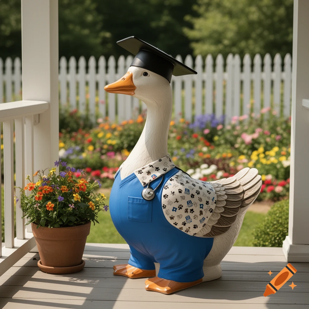 A goose statue in a graduation cap and blue vet tech uniform on a porch with flowers and a white fence.