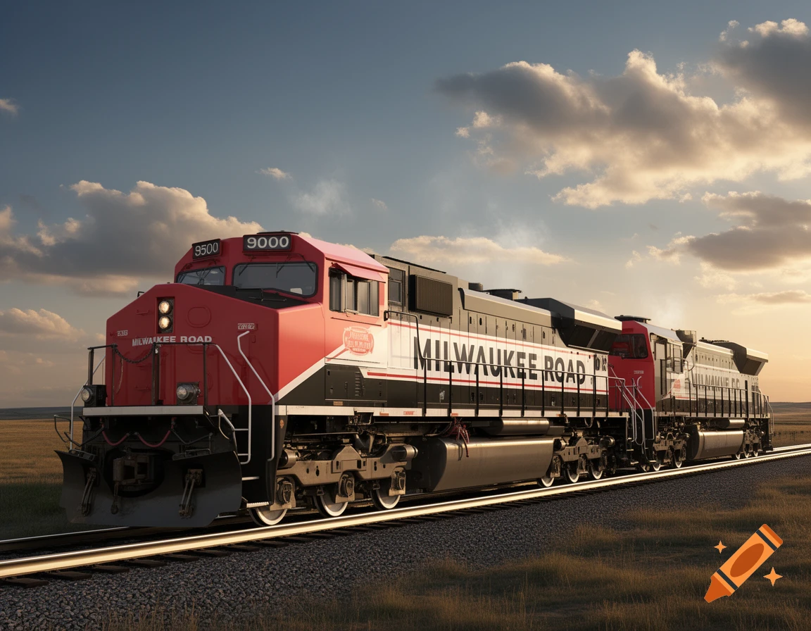 A red, black, and white Milwaukee Road EMD SD70ACE locomotive on tracks in a grassy, open field under a partly cloudy sky at sunset.