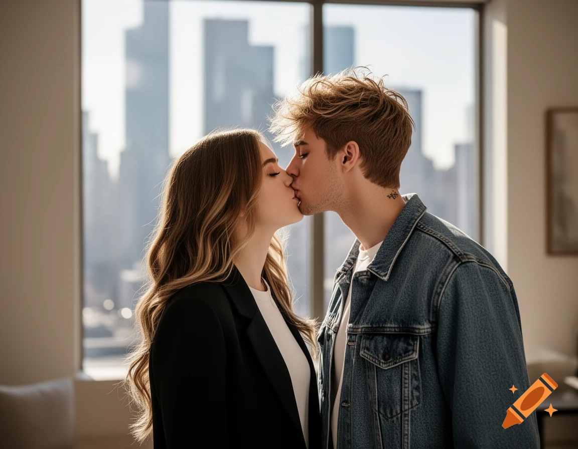 A man and a woman share a kiss in a modern apartment with a city skyline view.