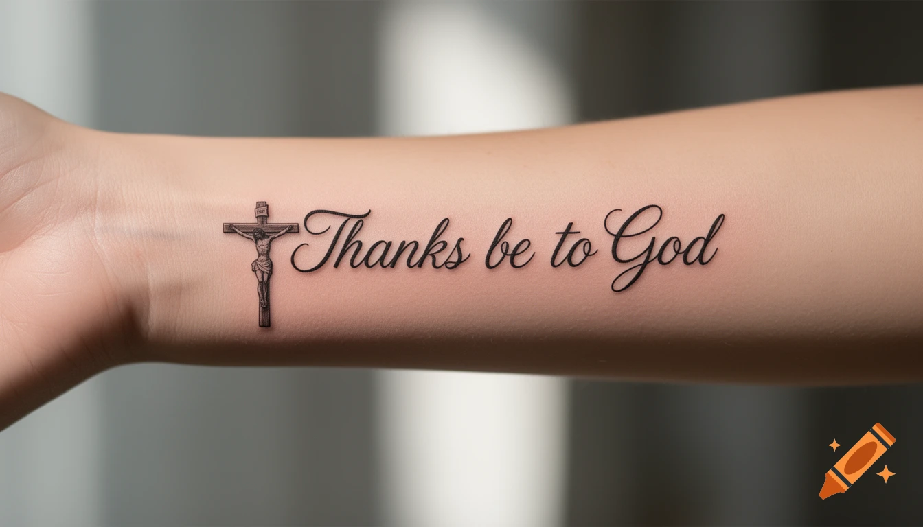 A photorealistic tattoo of a crucifix replacing the letter 'T' in 'Thanks be to God' on a person's forearm.