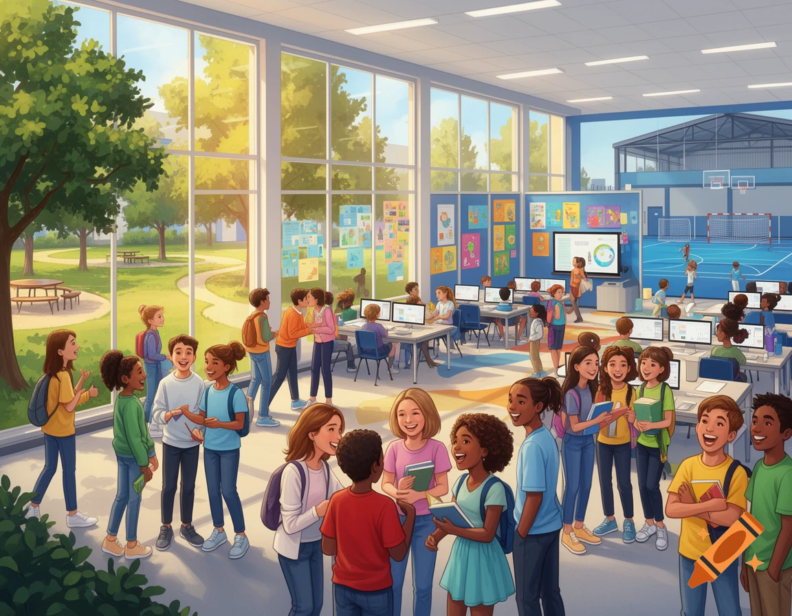 Diverse students socialize and learn in a bright, modern school featuring classrooms, a computer lab, a sports hall, and a green schoolyard.