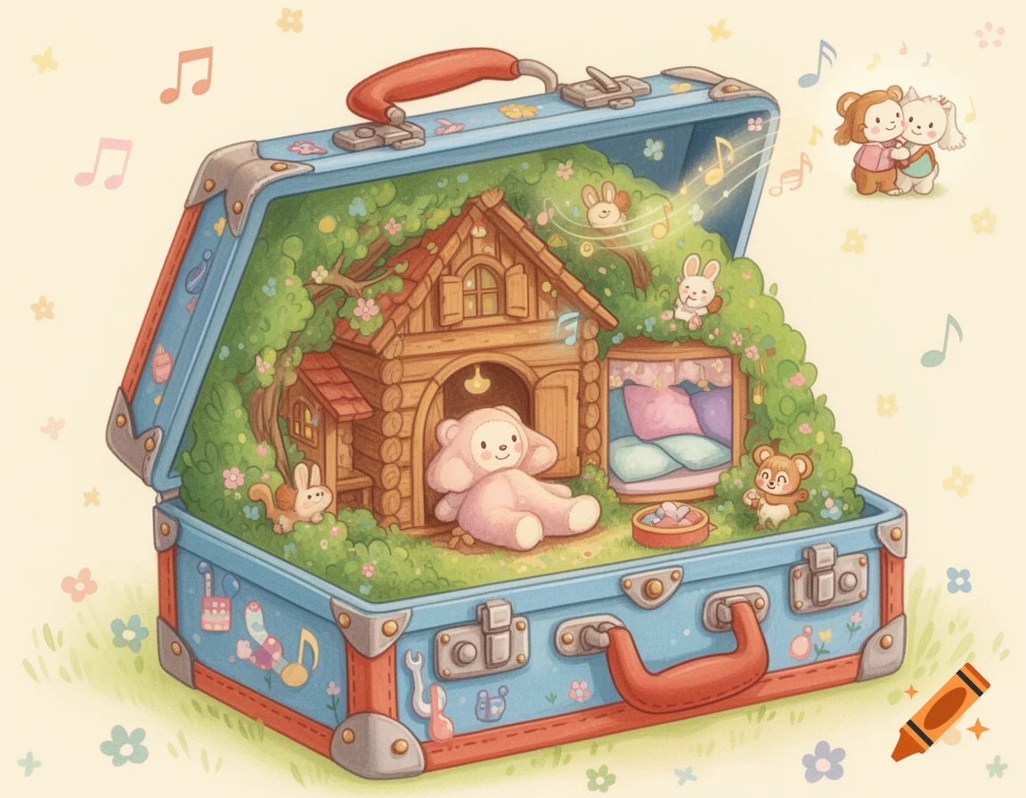 Whimsical illustration: an open blue suitcase with a miniature log cabin, pink teddy bear, cute animals, and musical notes inside.