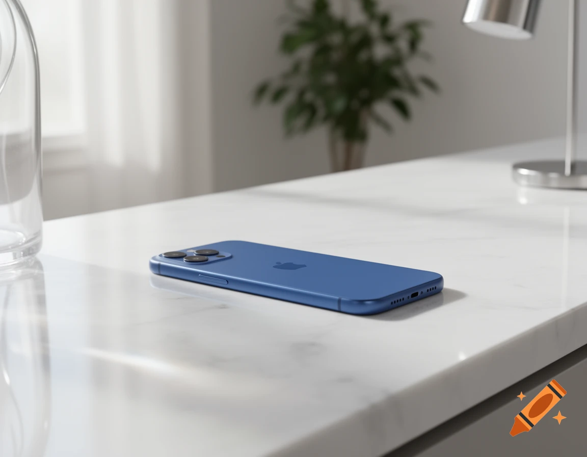 A blue iPhone 12 lying face down on a shiny white countertop, with a blurred background.