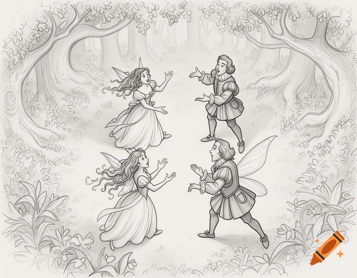 Pencil sketch of two winged fairy-like girls and two boys in period clothing gesturing to each other in a forest.
