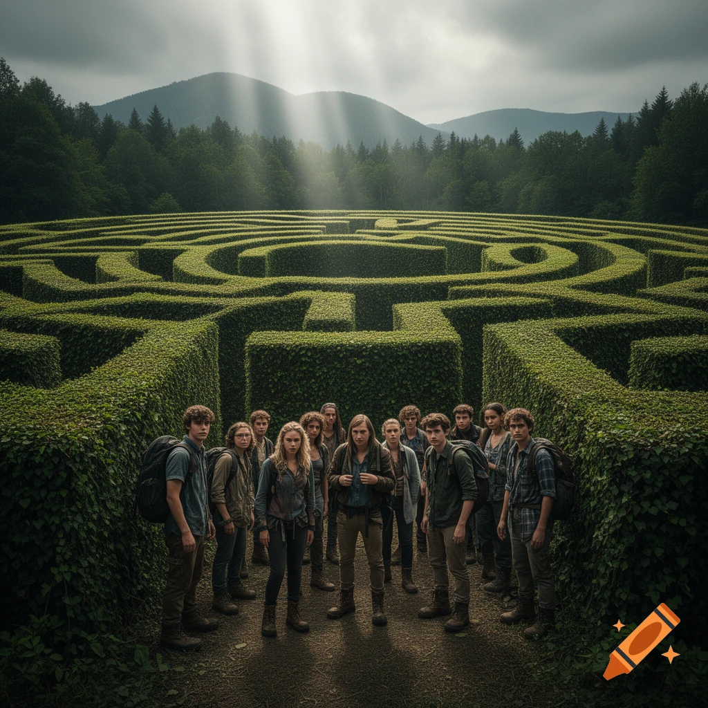 A group of young adventurers stands before a vast green hedge maze, surrounded by mountains under a dramatic sky with sun rays.
