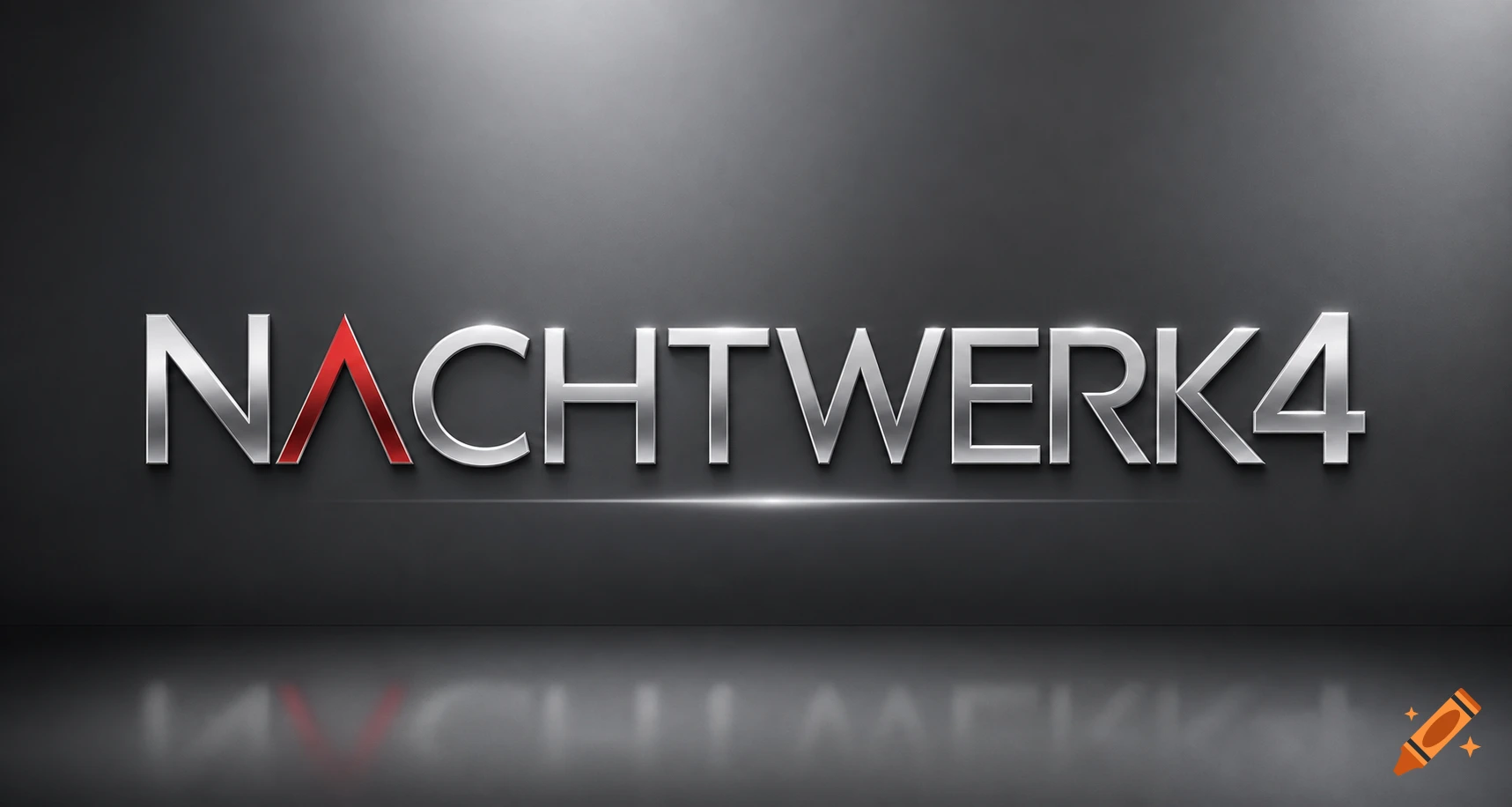 Metallic 3D text 'NACHTWERK4' with a red 'A' against a dark grey background, with a glossy reflection below.