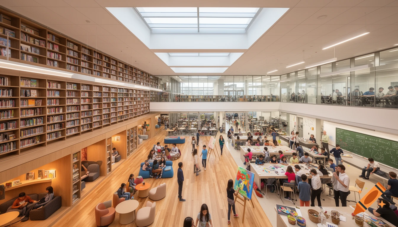 A modern, bright school building interior featuring a multi-story library with numerous bookshelves, classrooms, and a large open area with students studying and interacting.