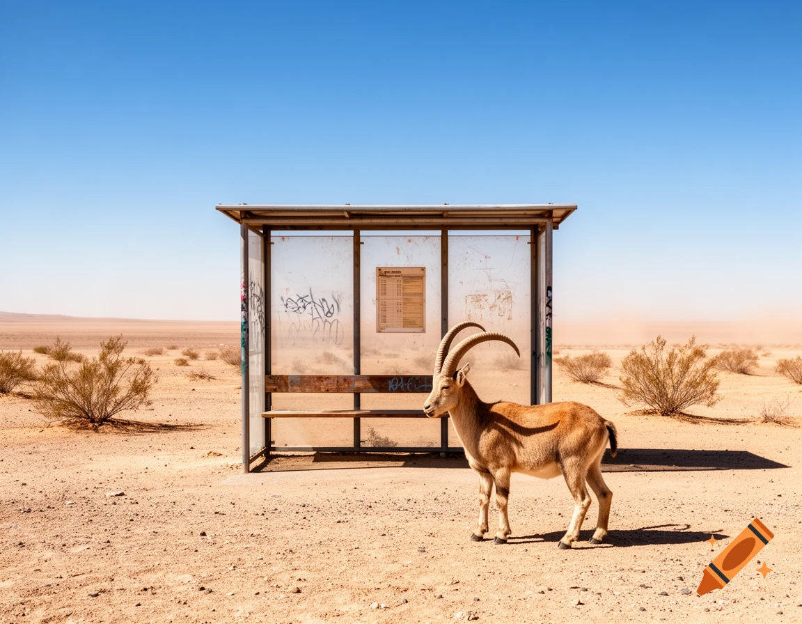 A majestic ibex with large curved horns stands in front of a desolate bus stop in a vast, sandy desert under a clear blue sky.