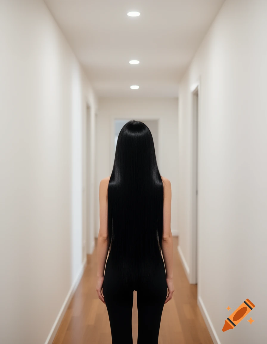 A woman with long, straight black hair stands facing away in a minimalist white hallway with a wooden floor.