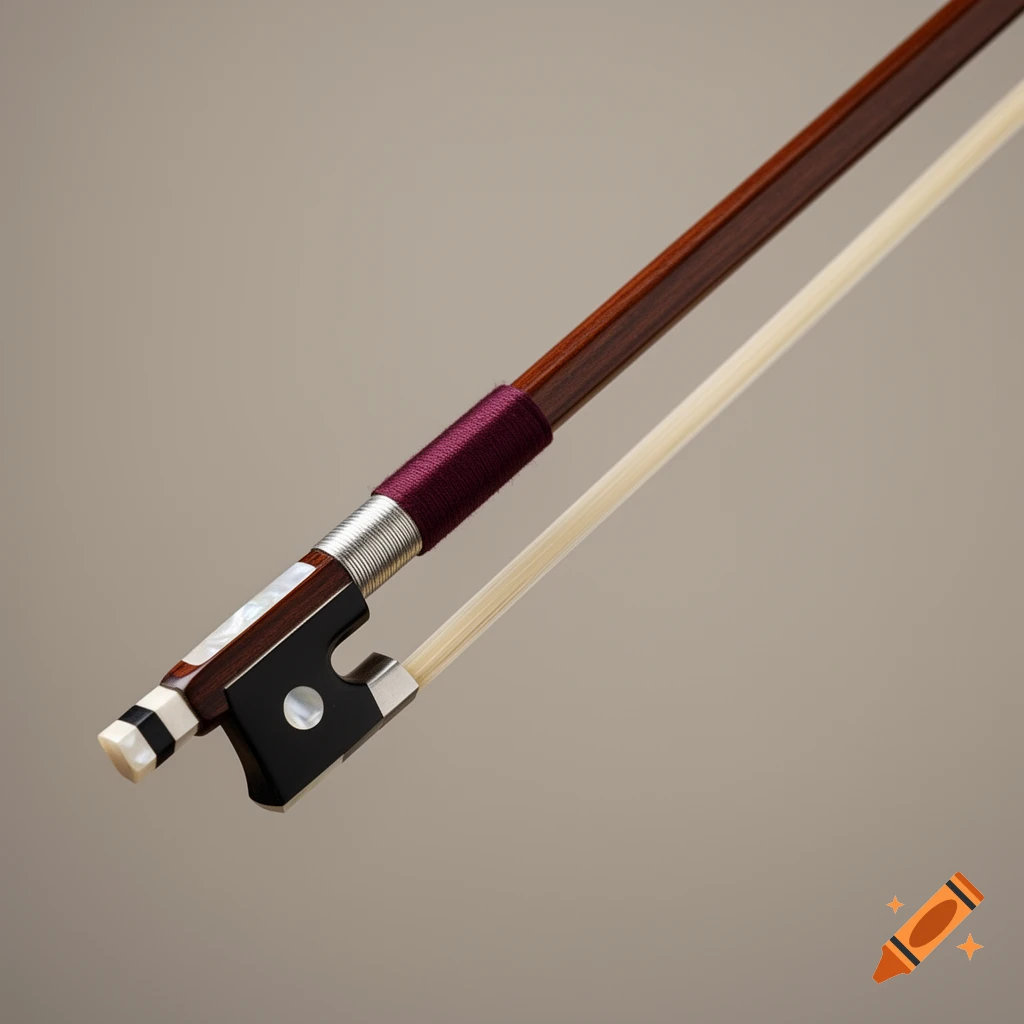 A close-up shot of a dark brown wooden violin bow with a black frog, mother-of-pearl inlay, and white horsehair.