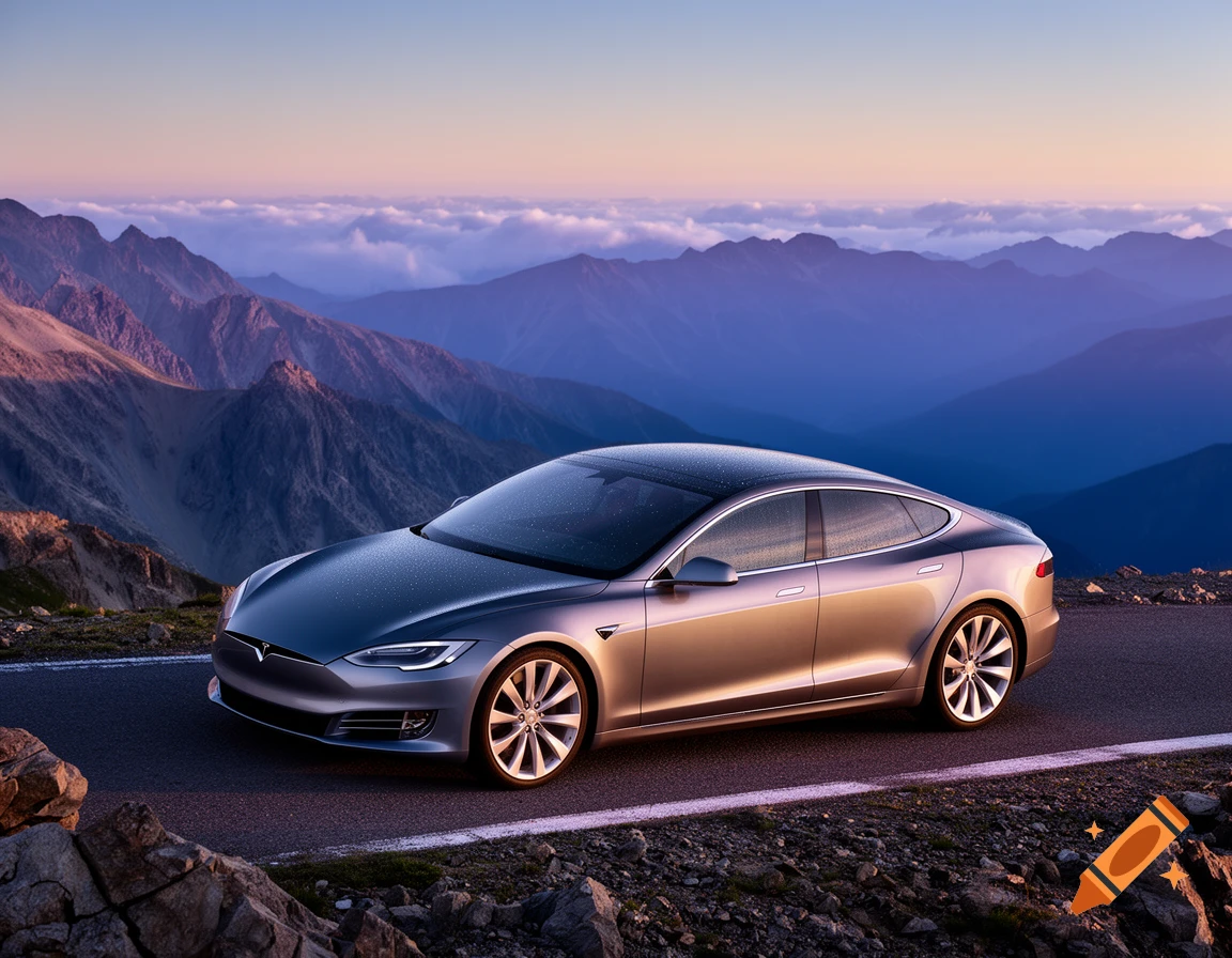 A silver Tesla Model S car on a mountain road with a scenic sunset over purple mountains and clouds.