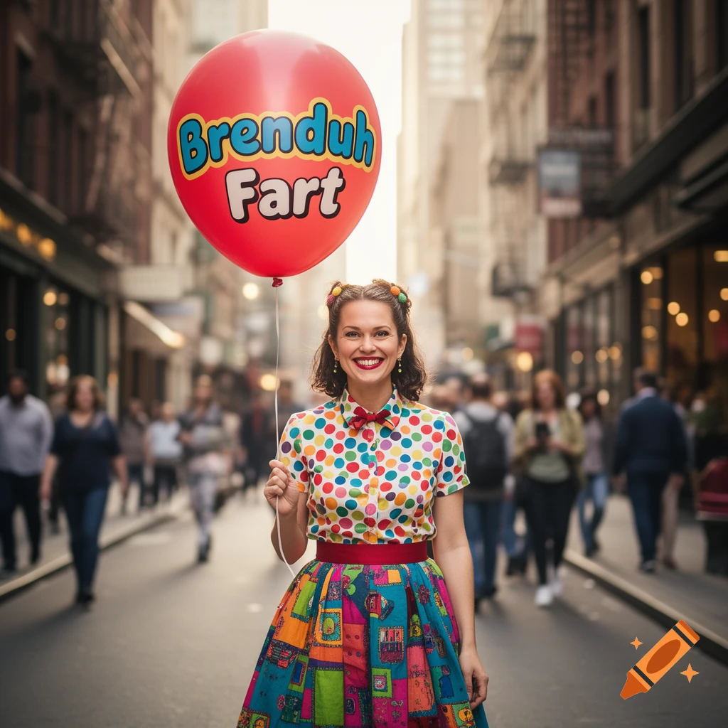 A smiling woman in a colorful polka-dot shirt and patchwork skirt holds a red balloon with 'Brenduh Fart' written on it, standing on a city street.