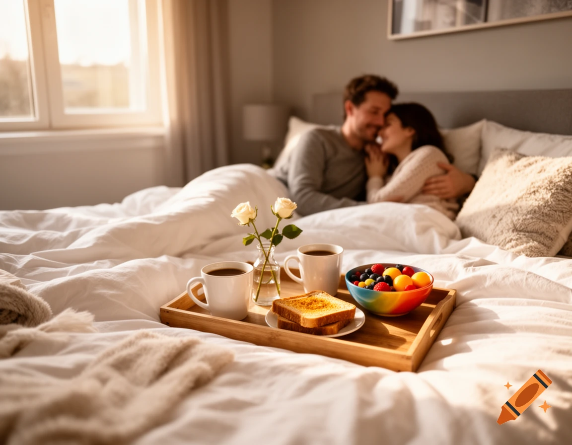 A photorealistic image of a breakfast tray with coffee, toast, fruit, and white roses in bed, with a loving couple blurred in the background.