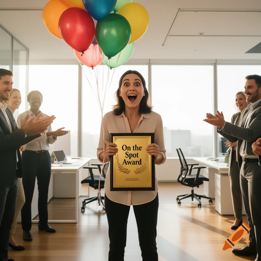 A woman excitedly holds an "On the Spot Award" plaque while colleagues clap and balloons float above her in a modern office.