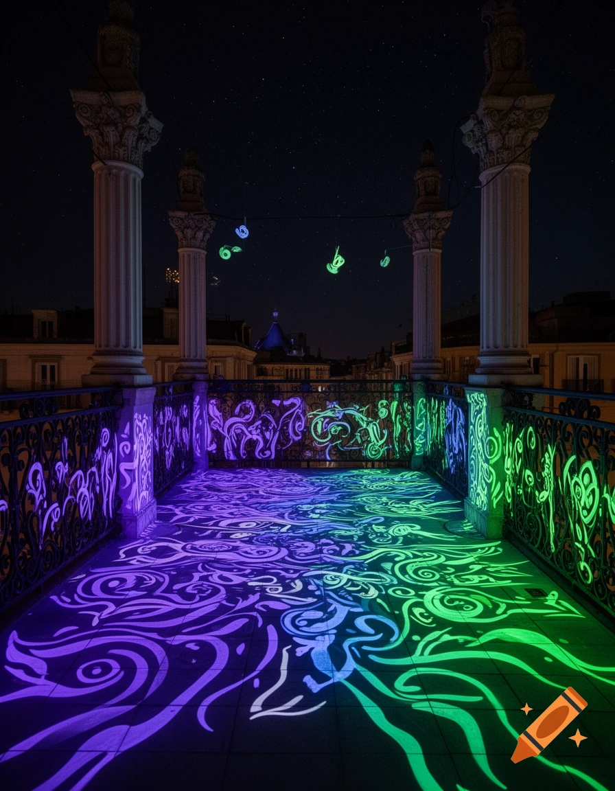 A vibrant light art installation illuminating a balcony floor and railing with glowing purple and green patterns under a starry night sky.