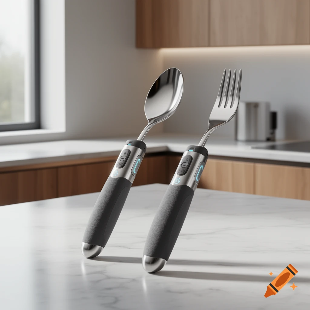 Two smart assistive eating utensils, a spoon and a fork with ergonomic handles and illuminated buttons, stand upright on a marble kitchen counter.