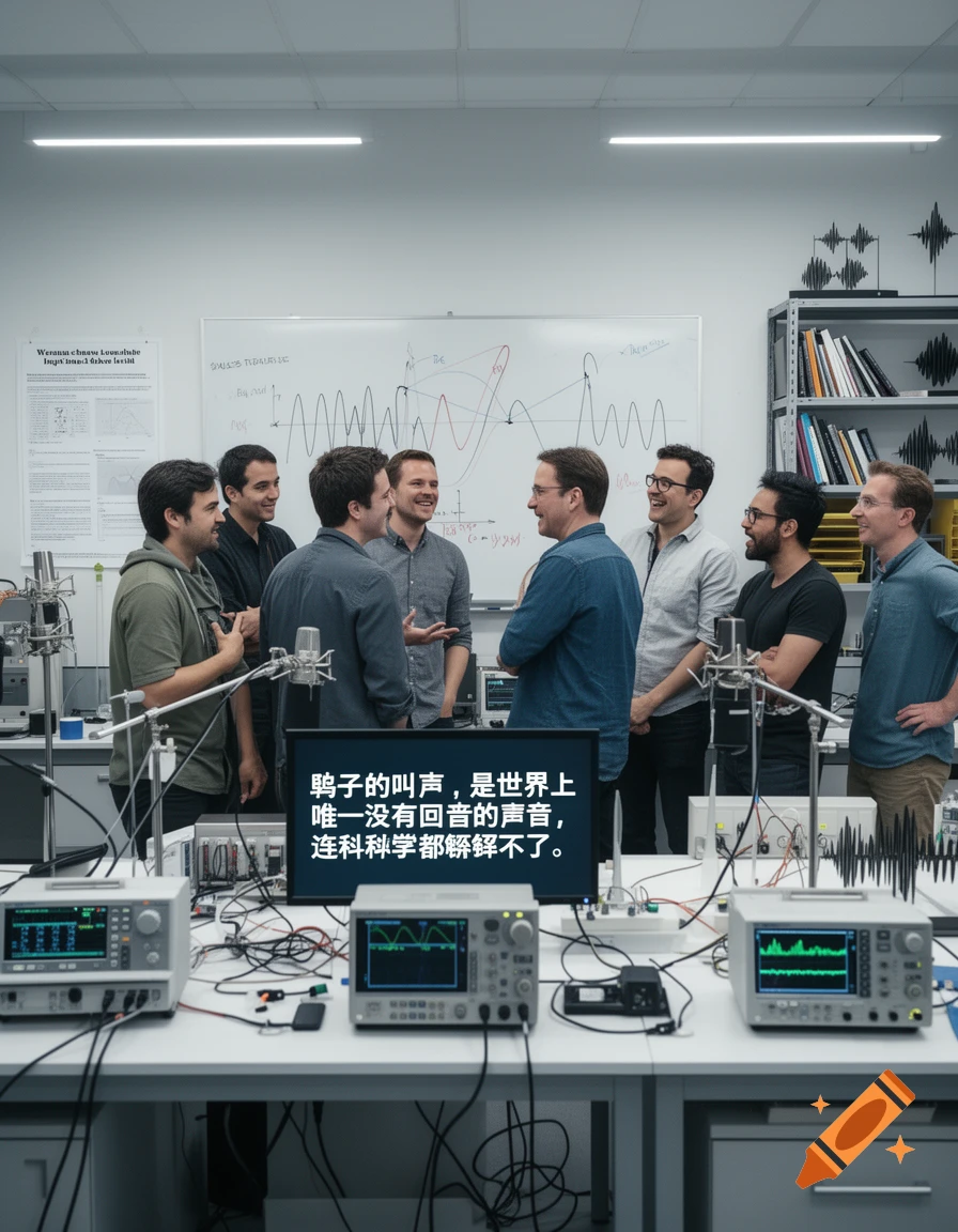 Seven smiling men in a modern science lab with complex equipment, a whiteboard with diagrams, and a large screen displaying Chinese text.