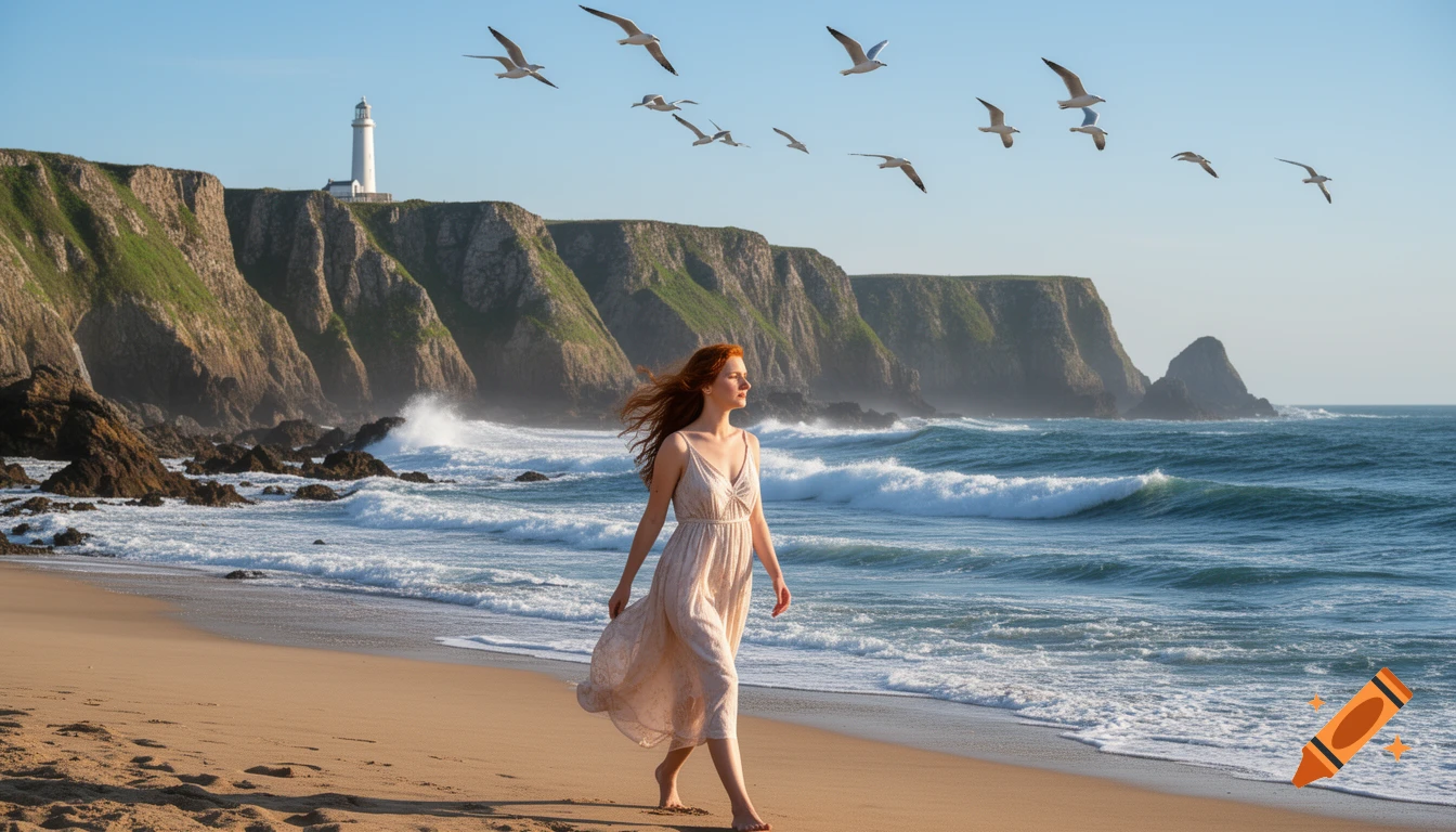 A red-haired woman in a light dress walks barefoot on a sandy beach next to the ocean with cliffs, a lighthouse, and seagulls overhead.