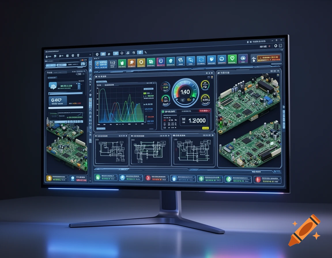 A close-up shot of a modern computer monitor displaying a sophisticated GUI with data graphs, gauges, and detailed images of circuit boards.