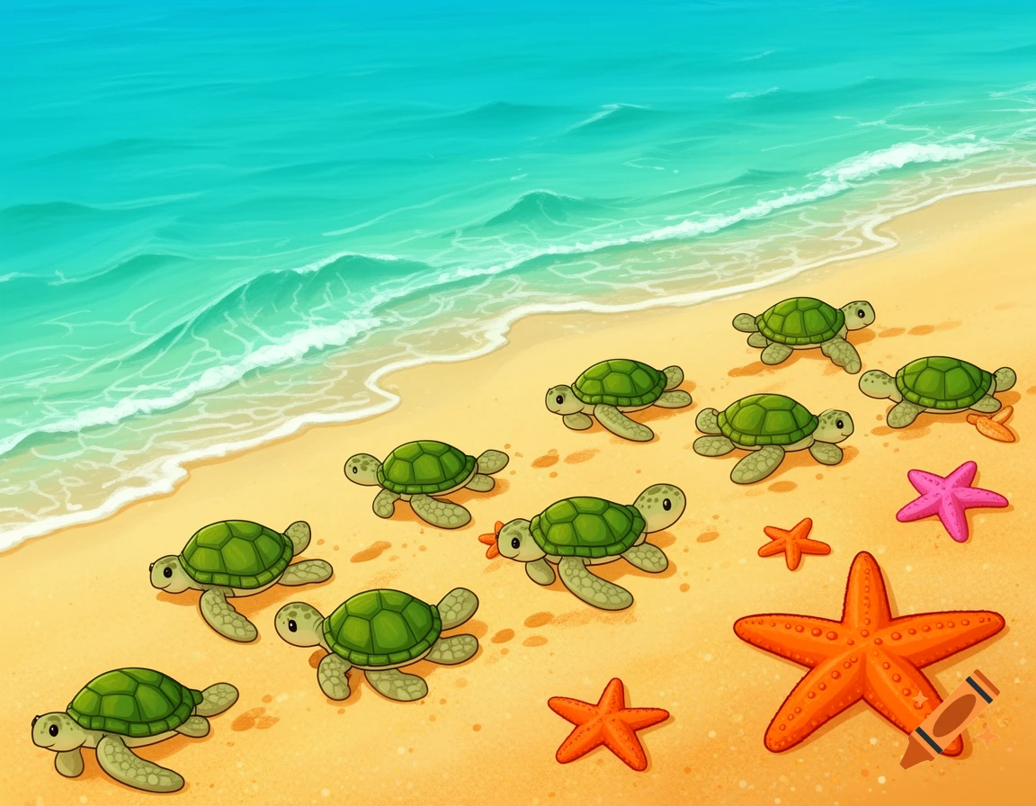 Cartoon sea turtles and starfish on a sandy beach by a turquoise ocean ...