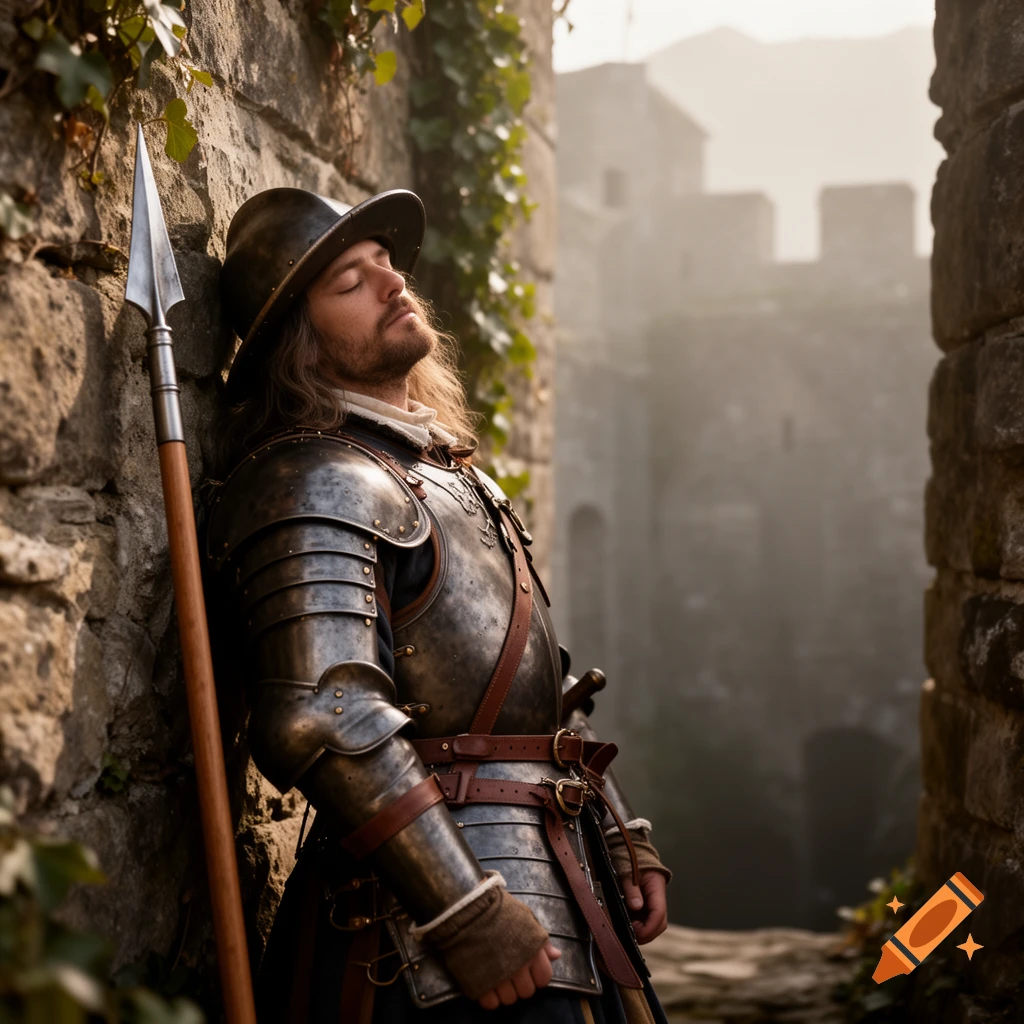 A photorealistic sleeping sentinel in historical armor leans against an ivy-covered stone wall, with a misty castle in the background.