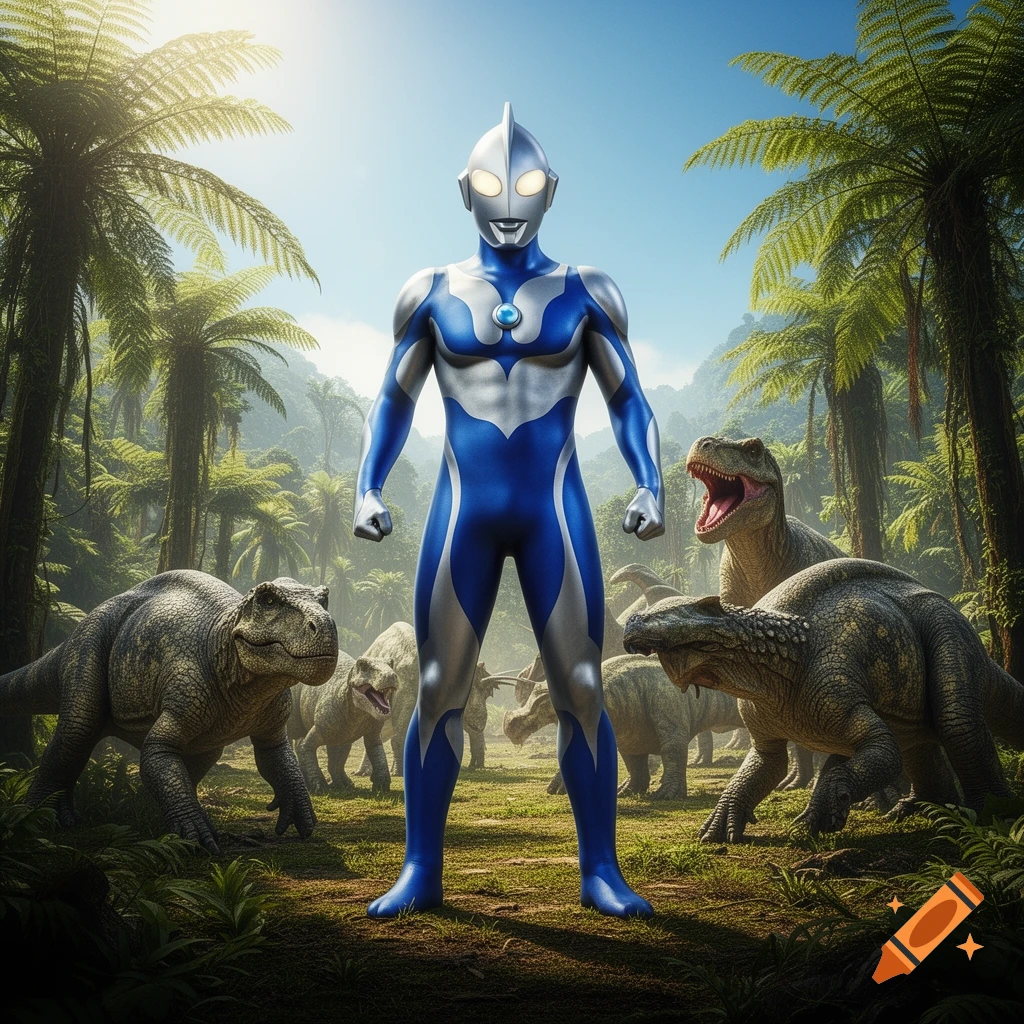Ultraman, a silver and blue superhero, stands in a lush jungle surrounded by various dinosaurs in a photorealistic style.