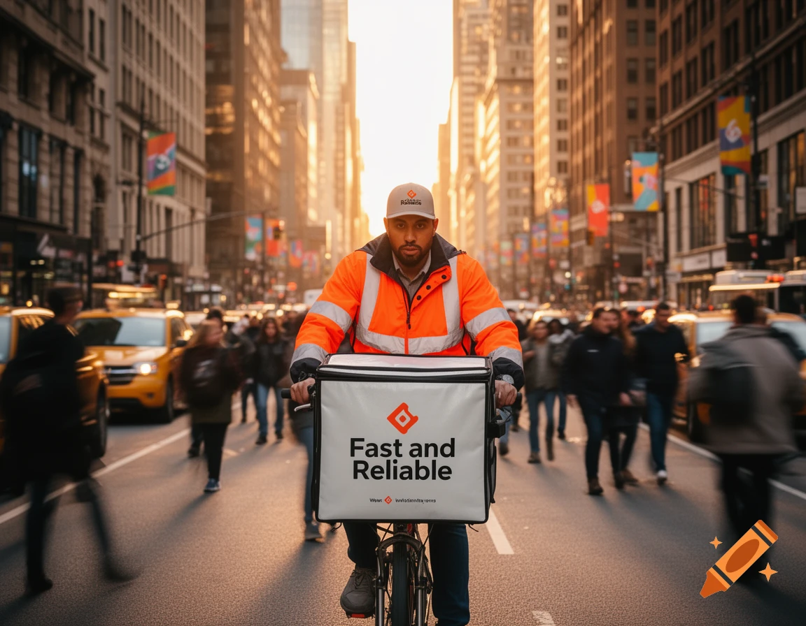 A male delivery person on a bicycle rides down a busy city street at sunset, wearing an orange jacket and a white delivery bag with "Fast and reliable" text.